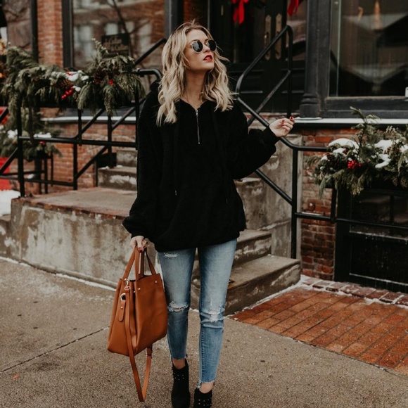 Tops - Plush 1/4 zip furry hooded sweater in black